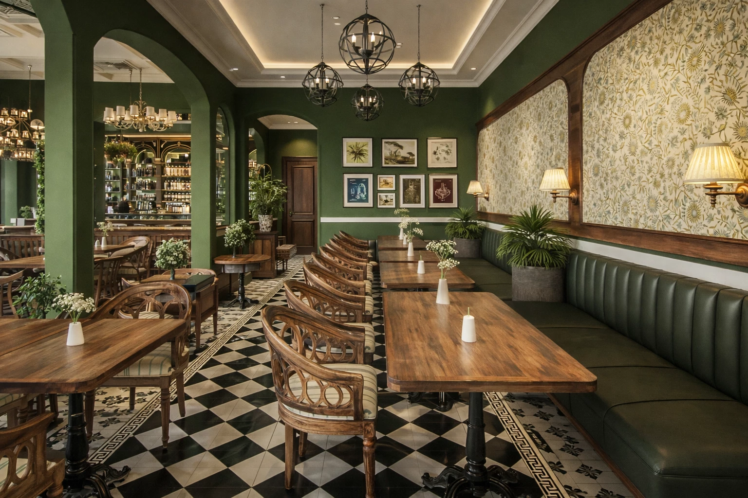 A dining room with dark green walls, globe chandeliers, a black-and-white checkerboard floor and wooden tables beside a green leather banquette