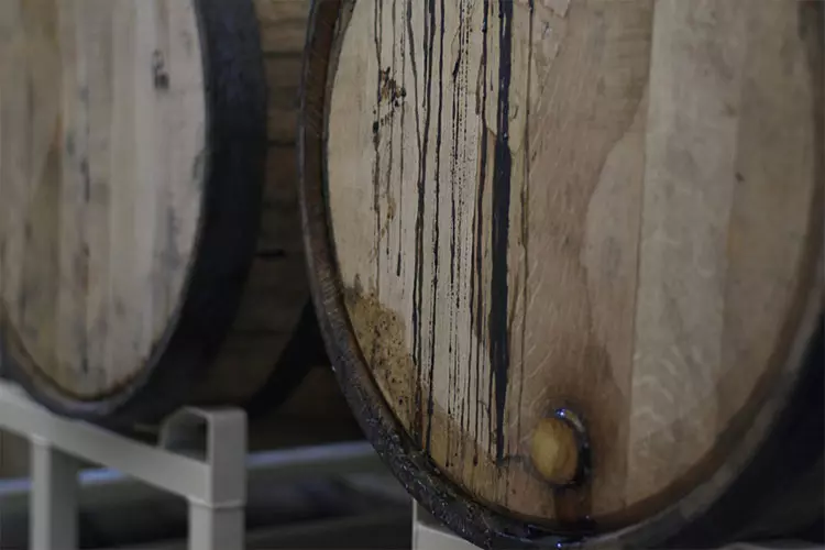 Oak barrels on a rack