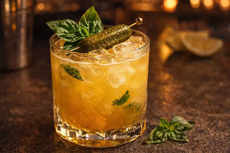 A golden cocktail on ice with basil and a pickle garnish