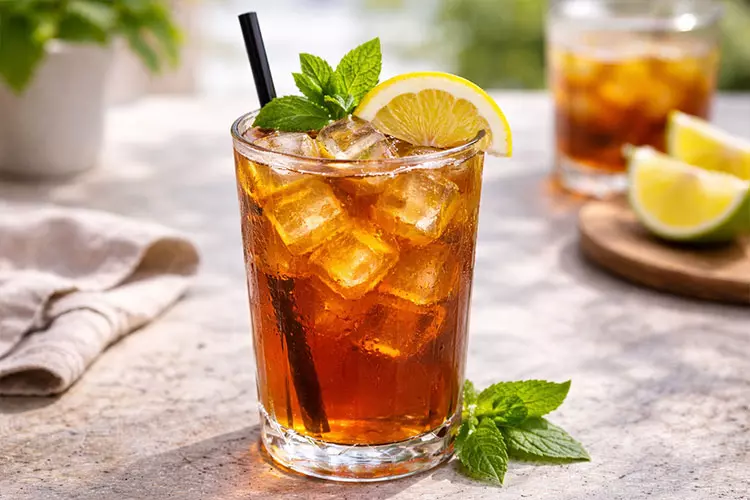 A glass of iced tea with lemon and mint