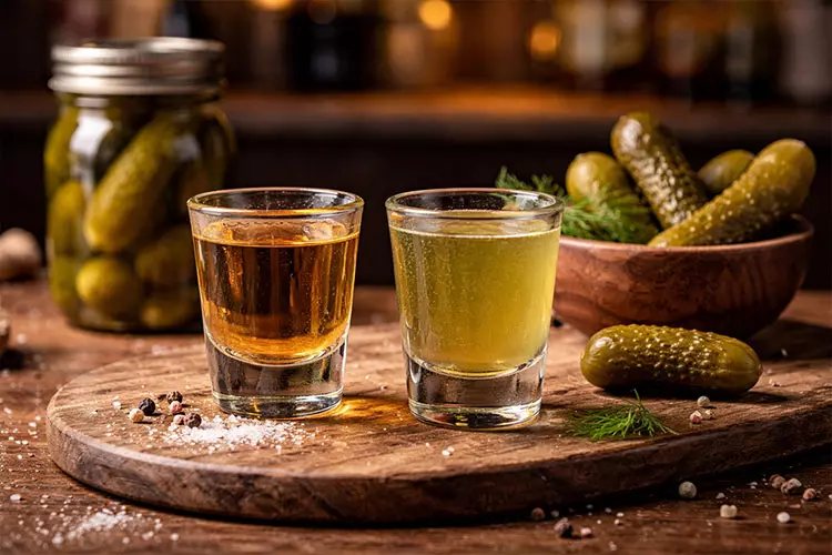 Two shot glasses beside a jar of pickles on a wooden board