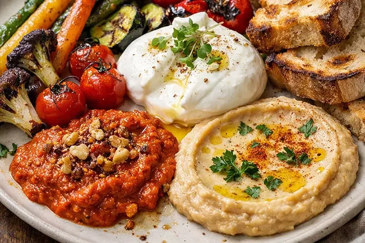The Farmers “Antipasto” with burrata, muhammara and chickpea purée