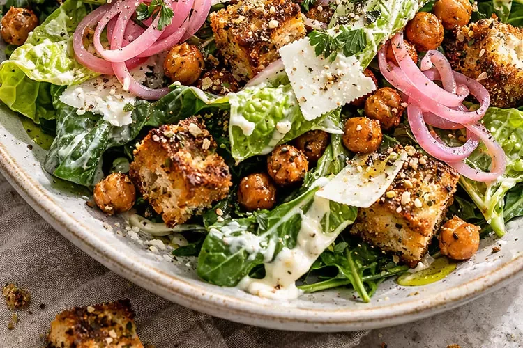 A Caesar salad with pickled shallots, chickpeas and croutons