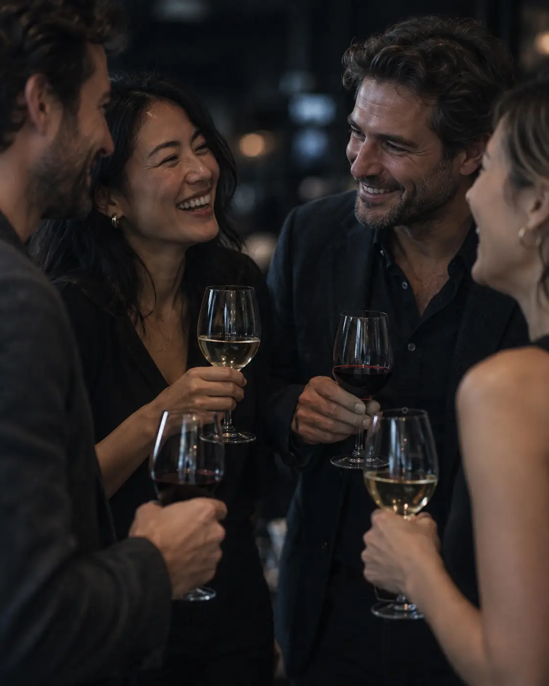 Friends smiling and talking over glasses of wine