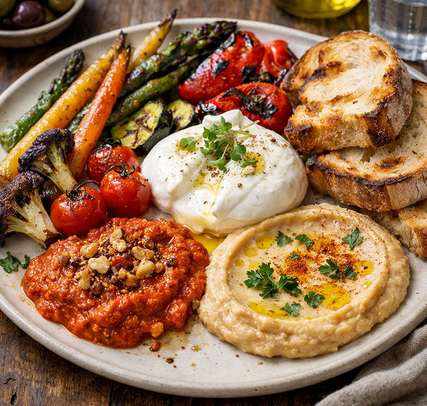 The Farmers “Antipasto”: charred vegetables, burrata, red pepper muhammara and chickpea purée with grilled bread