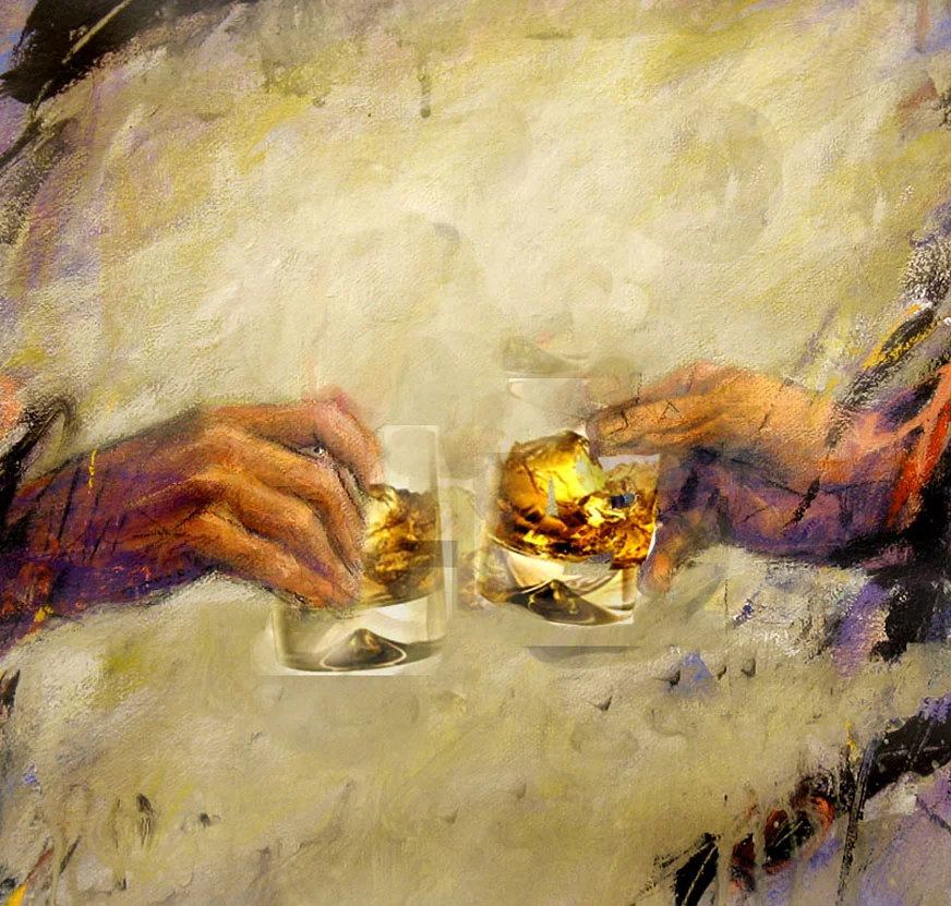 A painting of hands raising glasses in a toast